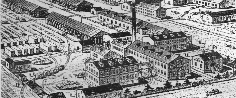 Nässjö Stolfabrik vid 1900-talets början med många byggnader och ångande skorsten